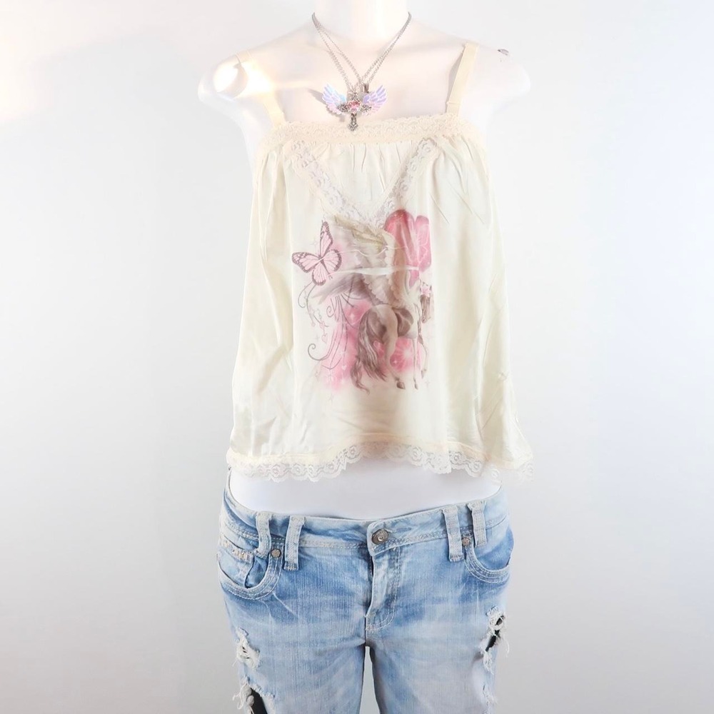 y2k fairy butterfly graphic lace trim cami top cream pink vintage